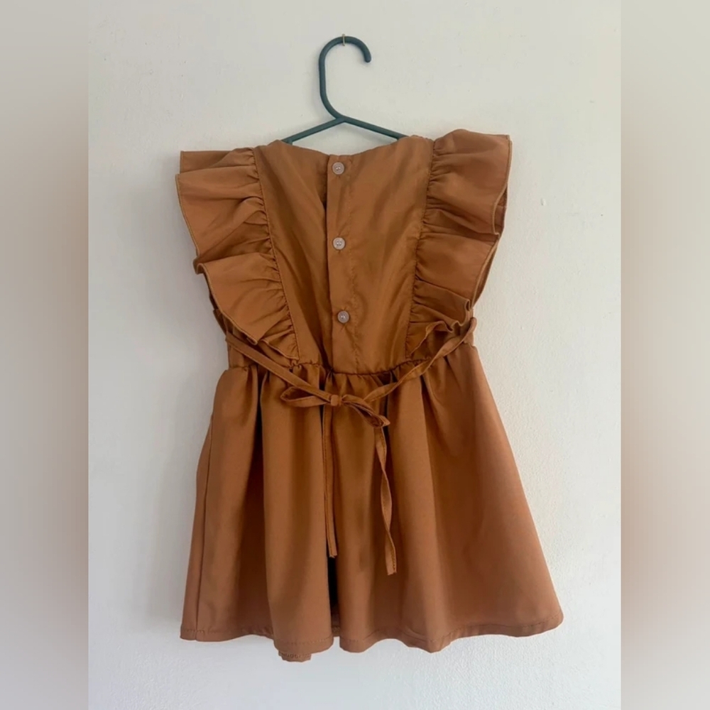 Girls Ruffle Shoulder Dress in Brown